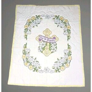 Gorgeous Hand Made Cross Stitch Baby Lap Quilt Blanket Religious Cross & Lily